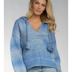 Elan Blue Bella Hooded Knit Sweater M Boho‎ Cozy Tassel Pocket Pullover Chic